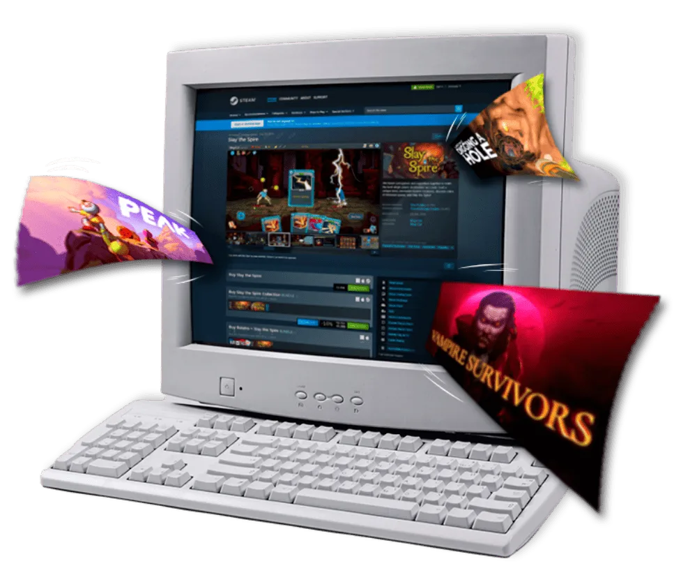 Retro computer showing a Steam store page with indie game capsules